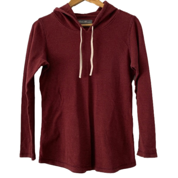 Eddie Bauer ladies long sleeve hooded cotton shirt size medium burgundy & orange - Picture 1 of 6